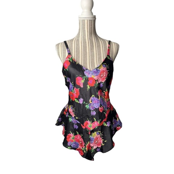 California Dynasty Other - California Dynasty Small 4/6 Silky Floral Black Romper Teddy Bodysuit VTG 80s